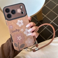Big Window Retro Leather Flower Strap Phone Case for iPhone 17 16 15 14 Plus 11 13 12 pro max Lanyar