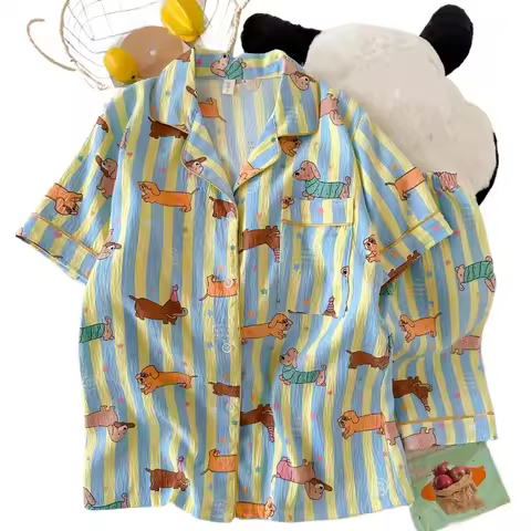 Women's Summer Homewear New Sweet Cute Striped Dog Pattern Pajamas Fashionable Collar Women's Pajama