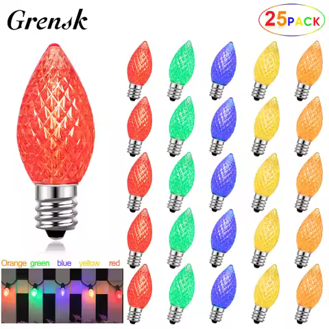 25 Sets of C7 Led Birthday Light Bulbs E12 Candelabra Base 1Watt Shatterproof Multicolored String Li