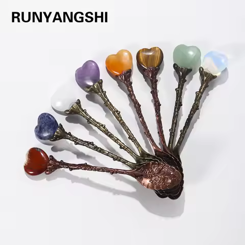 Runyangshi 1pc Carved Coffee Teaspoon Natural Crystal Heart-shaped Energy Spoon Healthy Quartz Decor