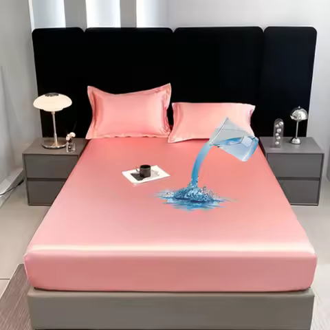 Satin Waterproof Fitted Sheet Silky Solid Color Bed Sheet Breathable Elastic Band Sheets Smooth Beds