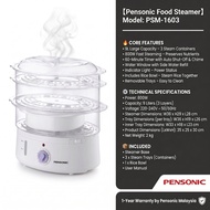 Pensonic 9L 3-Tier Food Steamer 800W 60-Min Timer Auto Shut-Off Rice Bowl PSM-1603