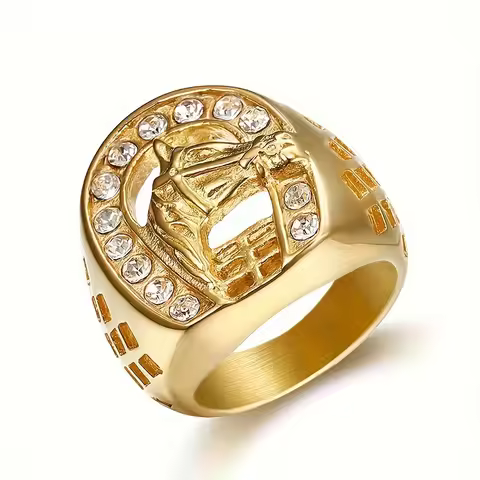 1 pcs Hip Hop Stainless Steel gold color Jockey Club horseshoe horse Ring with rhinestone for men gi