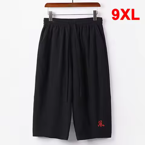 Linen Pants Men Plus Size 9XL Calf-length Pants Chinese Embroidery Design Fashion Casual Wide Leg Pa