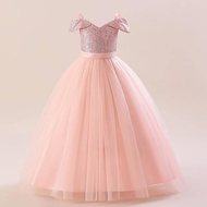 Tween Girl Long Sequin Mesh Off-Shoulder Elegant Glamorous Party Dress, Suitable For Birthday Dinner