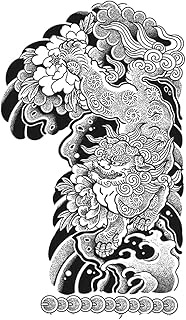 Temporary Tattoos,Japanese Style Lion Wave Left Arm,Lion Tattoos,Lasts 1-2 Weeks,Water-Resistant,Res