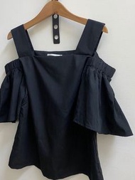 日本品牌黑色retro girl 露肩上衣微性感袖子荷葉短t短袖T