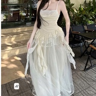 Long 2-strap dress, silk lace dress with two straps, long tiered skirt 315(Z4) Min