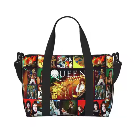 Custom Freddie Mercury Queen Band Tote Bag Women Large Capacity Beach Gym Shoulder Travel Bag