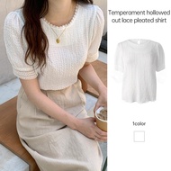 Women's T-shirt Korean Summer Temperament Hollow Out Lace Shirt Simple Pleated White Shirt Tops BE