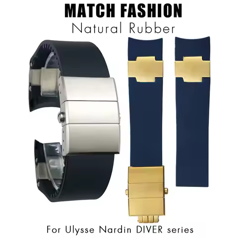 Natural Rubber Watchband 22mm Fit for Ulysse Nardin Diver Black Blue Silicone Watch Strap Silver Ros