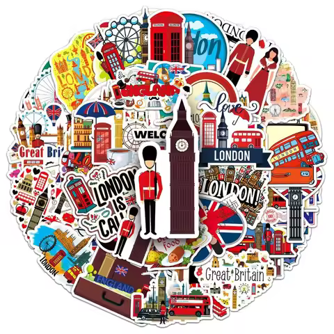 50PCS Classic British Style London Bus Landscape Decorative Stickers Scrapbooking Stick Label Diary 