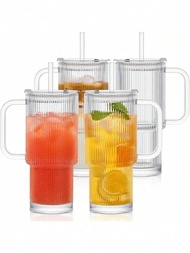 1pc Glass With Handle Car Cup Striped Glass Cup With Straw And Lid - 20.29oz/600ml, Visually Appeali