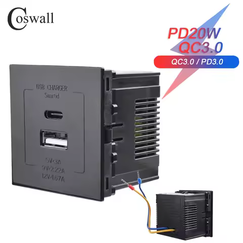 COSWALL E45 / P45 Module 45*45mm EU Standard Wall Socket QC 3.0 Type-A & PD 20W Type-C Dual USB Fast