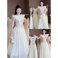 Women's fashion maxi dress made of silk with super luxurious floral print, boat neck, fairy wings, l