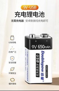 倍量9V充電電池探測器體溫槍USB充鋰離子 九伏方形6F22萬用表電池 直接插線充電電池