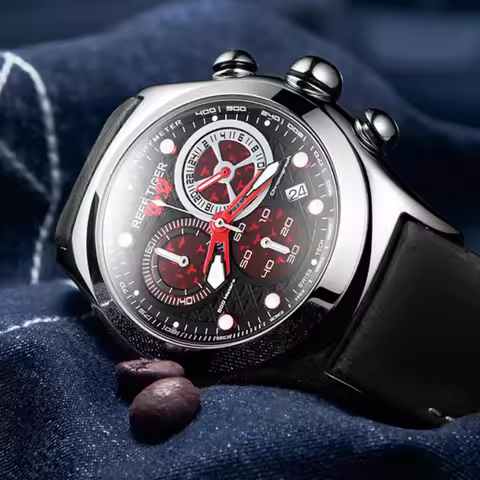 Reef Tiger Men Chronograph Watch 44mm Sport Quartz Wristwatch Bubble Mirror Sport