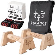 Wooden Parallettes Push Up Bars Bundle With Bag, Gym Chalk , Wristwraps, Paralettes, Strap | Dip Bar