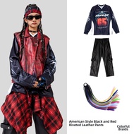 FCGasvr Street Dance Childrens Fashion Outfit Drum Performance Suit Red Leather Jacket Set