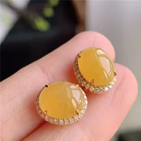 Creative natural chalcedony yellow earrings for women exquisite new in light luxury glossy oval eari