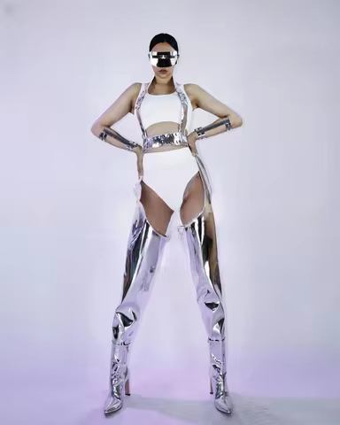 2026 Future Sense Drag Queen Outfit Gogo Party Show Clothes Festival Carnical Rave Clothing Silver A