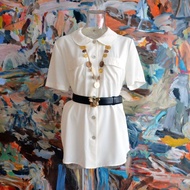 米白色圓角領寬鬆直身短袖襯衫 貝殼鈕扣 高貴優雅 日本中古古著