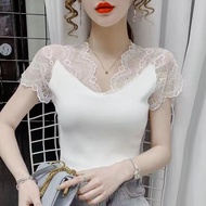Pure White Lace T-shirt Women's Advanced Korean Style Summer All-Matching Graceful Western Style Sexy Top Fashion Korean Style Hot Selling Clothing