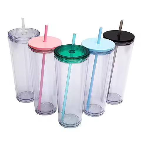 predrilled double wall 700ml 710ml 24oz plastic double wall cup tumbler with straw