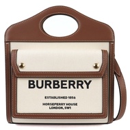 全新未使用 BURBERRY 迷你口袋包 8039361 ，NATURAL/麥芽ブラウン帆布和皮革，飾有 Horseferry 印花，雙色設計，可作手提包/單肩包，帶防塵袋，意大利製造