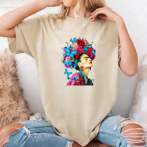 Retro Style Frida Kahlo Floral Butterfly Portrait Graphic Shirt Vibrant Flower Crown Print Tee Boho 