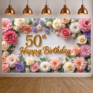 Floral Gold Foil Number Happy Birthday Banner 50th 55th 60th 65th 70th 95th 100th Birthday Backdrop