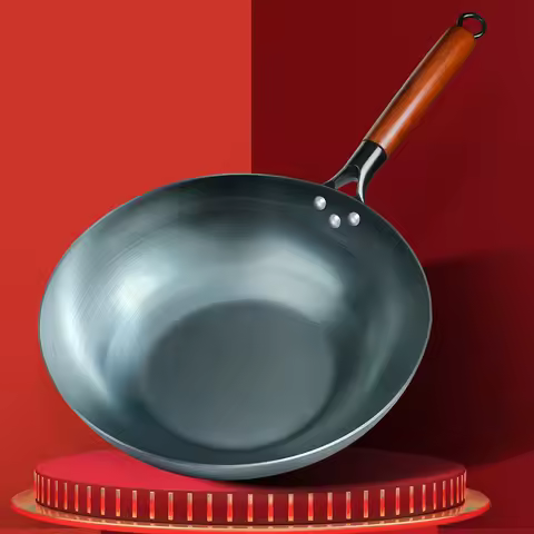 Seasoning Iron Woks,30/32/34cm Wok with Wooden Handle Frying Pan Kitchen Cookware For Electric,Induc
