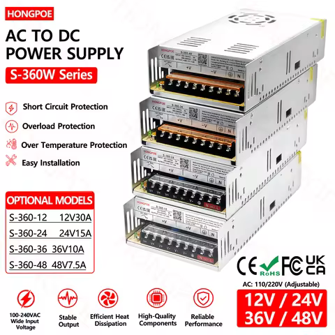 S-360W Switching Power Supply Adjustable Transformer 12V/24V/36V/48VDC 30A/15A/10A/7.5A 110/220V AC 