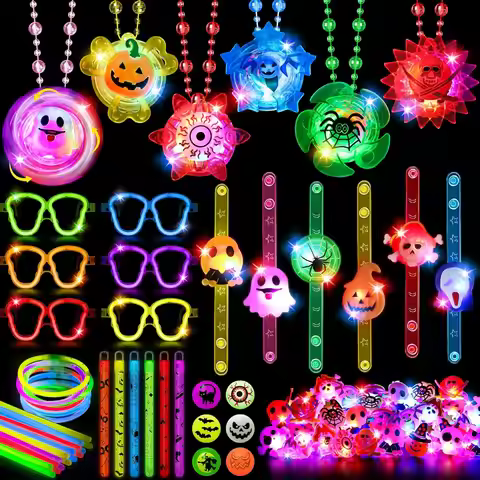 96Pcs Halloween Light Up Rings Glow Sticks Spin Necklace for Kids Trick or Treats Non-Candy Goodie B