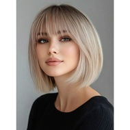 Blonde Wig with Bangs, Ladies Short Blonde Wig, Heat-Resistant Synthetic Gradient Blonde Short Wig, 