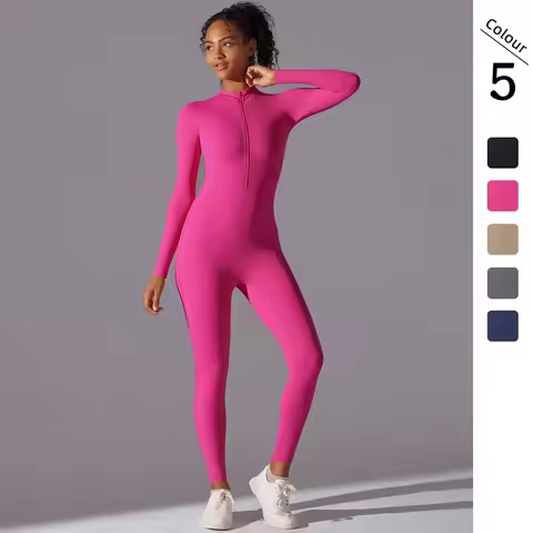 Women Zipper Yoga Jumpsuit Nude Long Sleeve High Intensity Workout One Piece Leotard Fitness Dance G