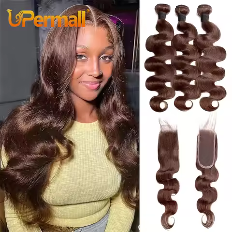 Upermall Chocolate Brown 2/3/4 Human Hair Bundles With Closure kim k 2x6 Straight Body Wave Transpar