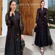 S-XL เดรสลูกไม้แขนยาว ผ่าหน้า มาพร้อมสายคาดเอว ชุดดำ ชุดไว้อาลัย เดรสสีดำ ชุดออกงาน ชุดไปงาน ชุดออกง