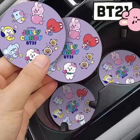 Creative Cartoon BT21 Car Coaster Set Leather Non-Slip Washable Cup Mat
