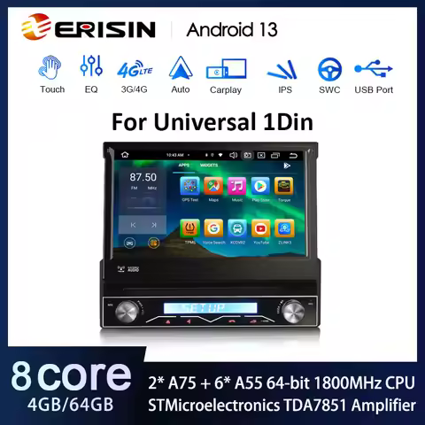 Erisin ES8588U 7" IPS Screen Android 13.0 Universal 1 Din Car DVD Player GPS 4G LTE WiFi DAB+ Wirele