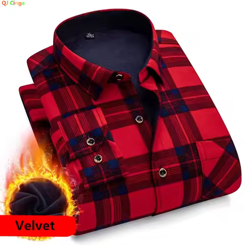 Men's Winter Fleece Long Sleeve Shirt Single Breasted Square Collar Thick Asian Size Chemise L-5XL