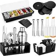 Mifoci 23 Pcs Bartender Supplies Kit Garnish Tray with Lid Bar Caddy 3 Tier Glass Rimmer 13 Pcs Cock
