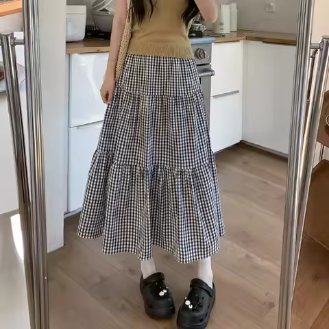 Korean Fashion high Waist Plaid Skirt for Women 2025 Summer Patchwork A Line Long Skirt Woman Checke