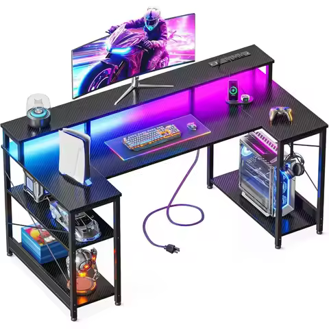 ODK 48 Inch U-Shaped Gaming Desk with LED Lights Power Outlet Monitor Stand Storage Shelves Carbon F
