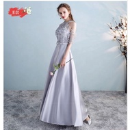 Ready stock, fast shipping Grey Korean style bridesmaid dress Chinese neck offshoulder free size baj