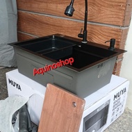 Paket Komplit Bak Cuci Piring Muya Kitchen Sink 1 Lubang Stainless Steel Black Ukuran 60Cm×45Cm×22Cm