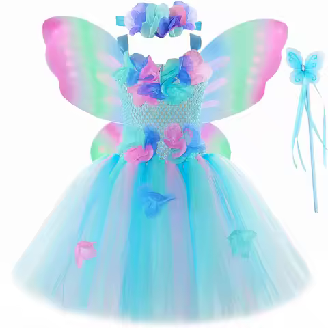 Turquoise Flower Fairy Costumes for Girls Butterfly Fairy Princess Dresses with Wings Wand Kids Hall