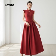 Lovito Gaun Elegan Krismas/Parti Gaya Cina Baharu Musim Bunga/Musim Panas Warna Klaret Untuk Wanita 