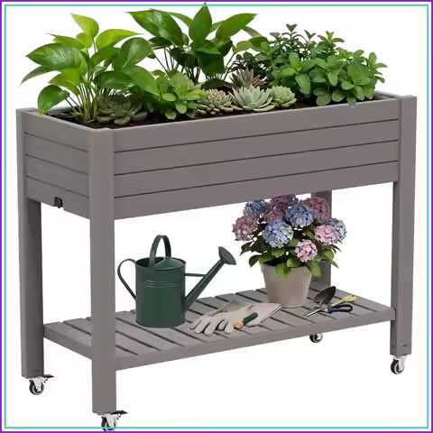 33.7" Tall Raised Garden Bed with Wheels, Resin Planter Box with Drainage & Shelf, Gray