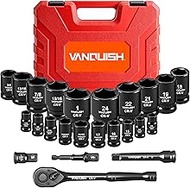VANQUISH 1/2" Drive Impact Socket Set, 24-Piece Shallow Standard SAE (7/16"-1") & Metric (13-24mm) S